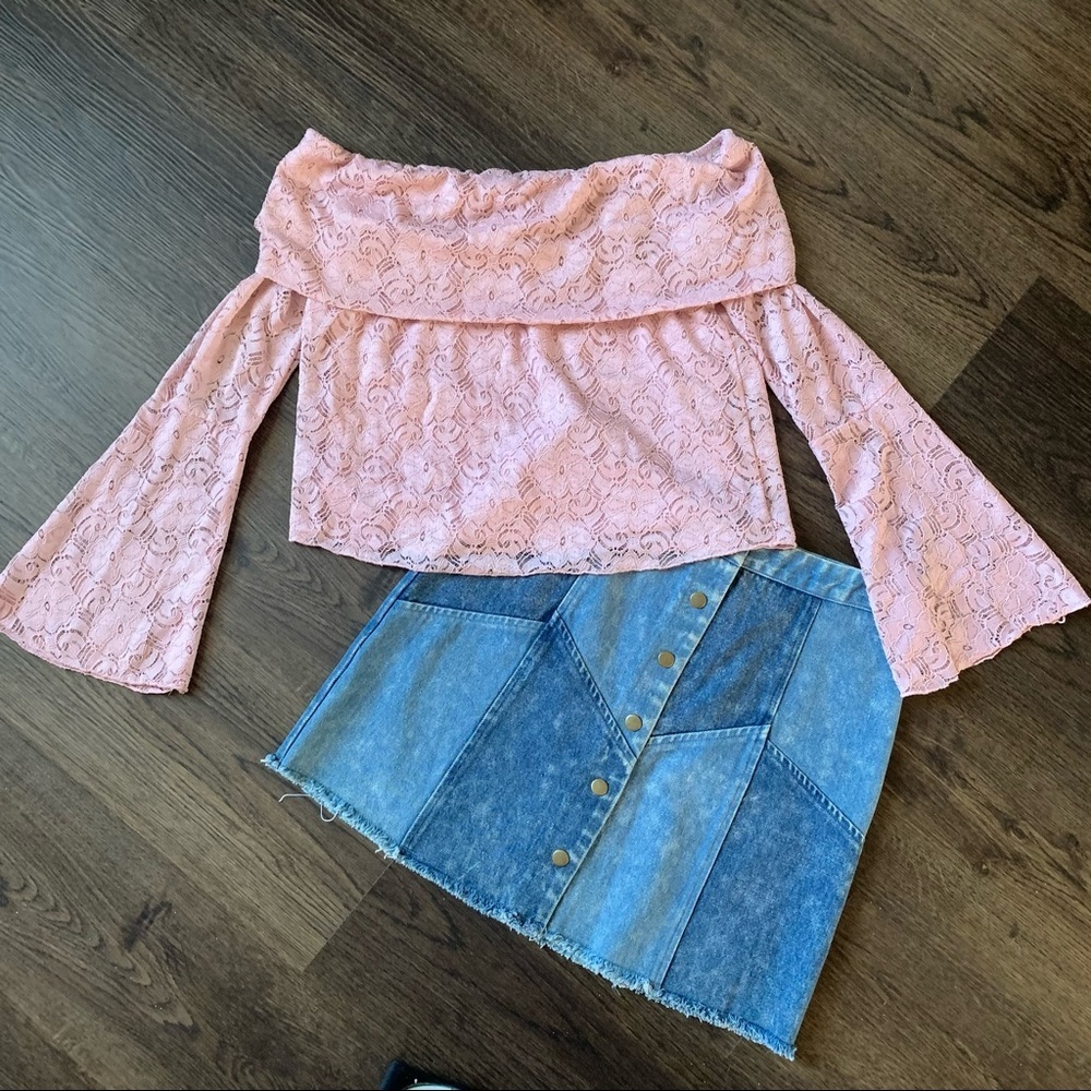 American Rag pink lace off shoulder crop top sz M